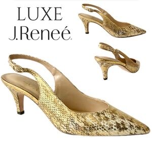 LUXE J.RENEE Gold Leather Slingback Medium Heel Pointed Toe Snake Embossed Pumps
